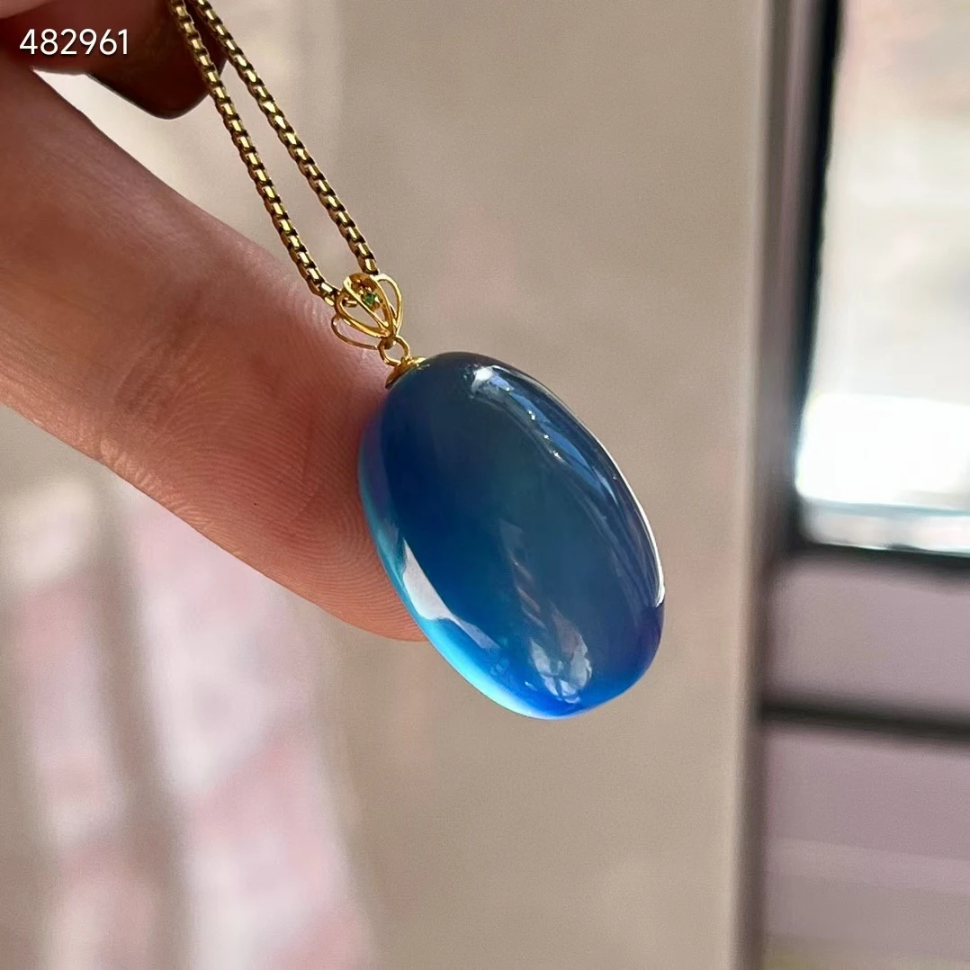 

Top Natural Blue Aquamarine Oval Pendant 23.3*14.5mm Women Man Clear 18K Gold Necklace AAAAA
