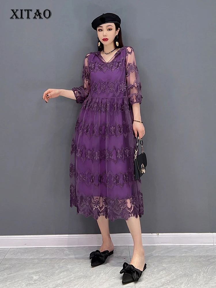 

XITAO Solid Lace Dress Women Korea 2022 Summer New Arrival Personality Fashion Loose Hooded Collar Full Sleeve Dress WMD5879