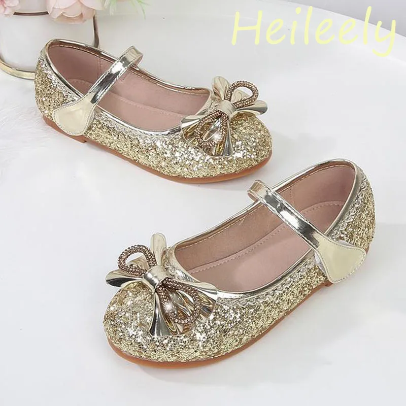 2024 новая детская обувь для девочек золотого цвета с бантом и блестками резиновые