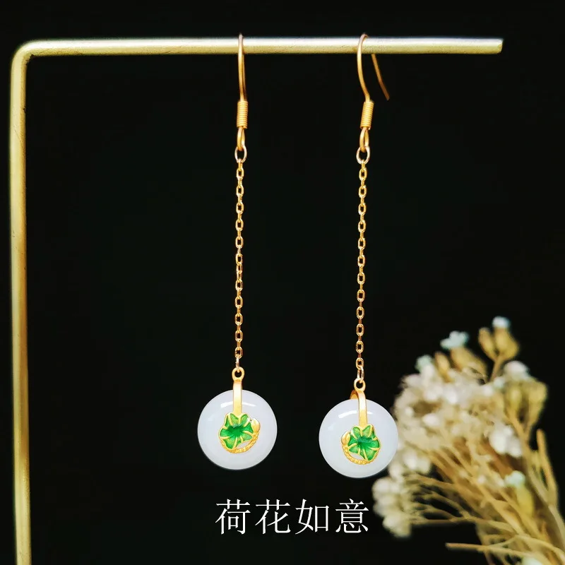 

Noble Palace Style Earrings Chinoiserie Antique Earrings Enamel Lotus White Jade Safety Buckle Ear Thread Female