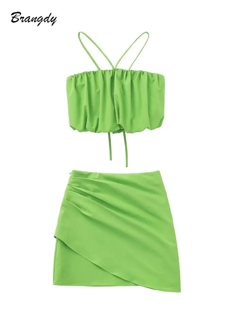 

Traf Vest Set Women Green Pleated Cropped Top And Skirt Sets Summer Chic Top Tee Sexy Y2K Two Piece Top Skirt Casual High Street