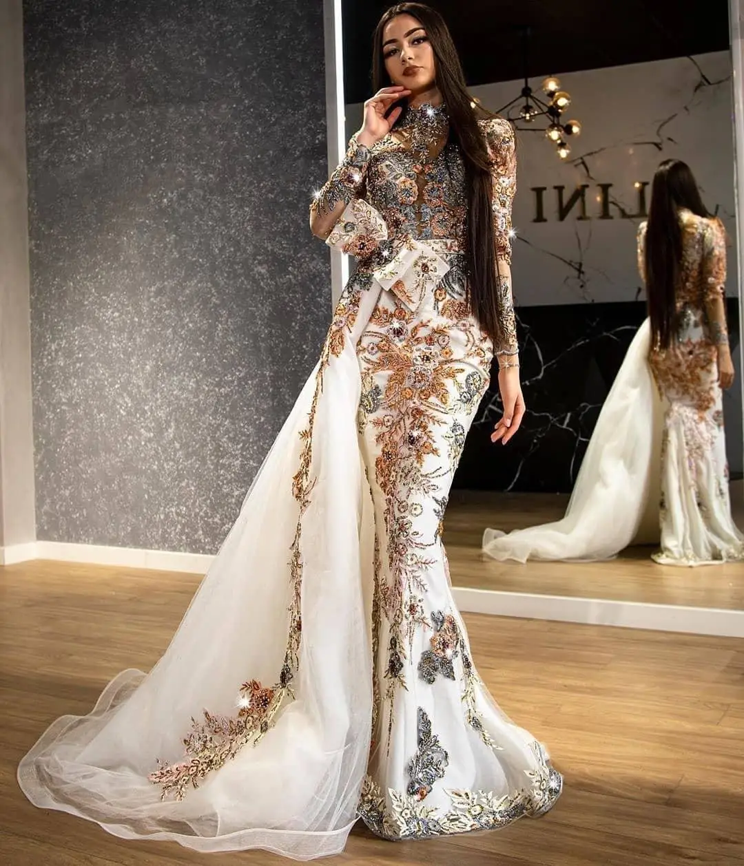 

Arabic White Mermaid Prom Gowns Luxury Beading Sequined Evening Dresses Custom Made with Overskirts Party Dresses