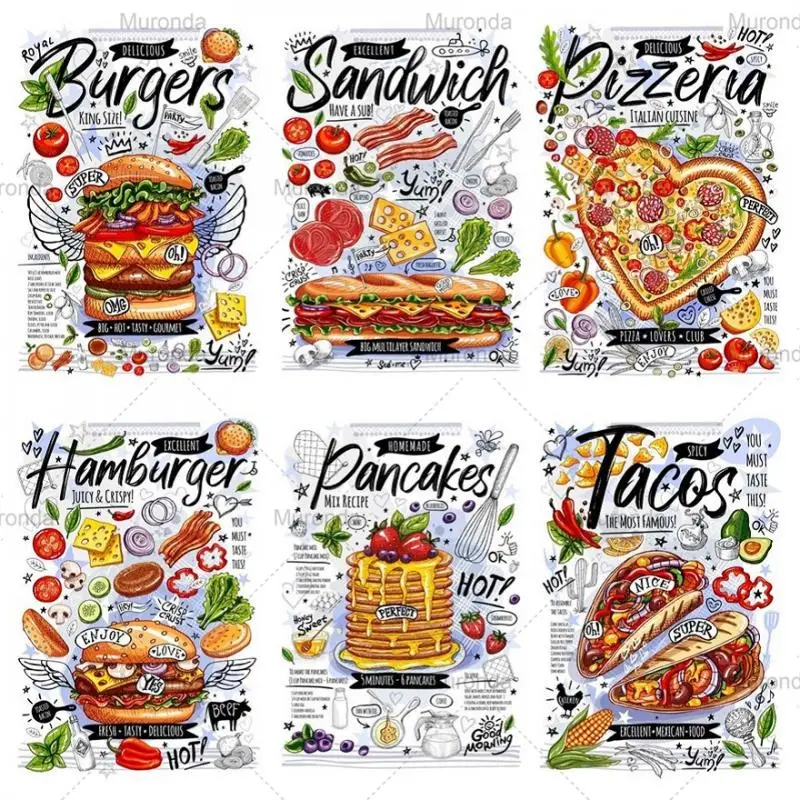 

Delicious Food Menu Poster Diamond Painting Hamburger Taco Pancake Burger Pizza Sandwich Kitchen Cross Stitch Restaurant Decor