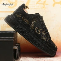 mens sneaker casual fashion rhinestone leather upper height increased platform shoes trend cool easy matching black board shoes
