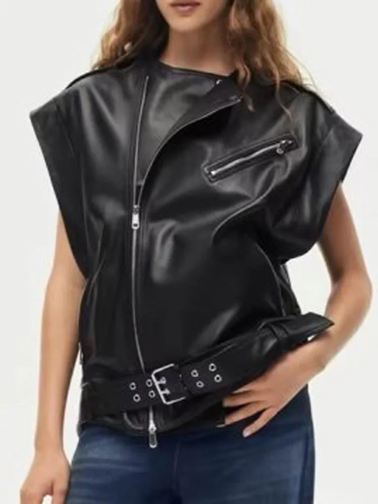 

Женский Осенний жилет из искусственной кожи, модный однотонный Свободный жилет на молнии с поясом, женский элегантный уличный жилет, верхняя одежда, 2023