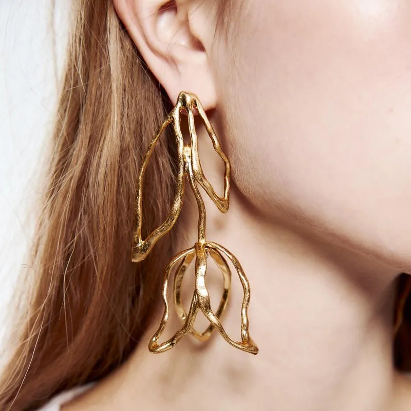 

Fashion Jewelry Women ZA Earrings Statement Metal Oversized Hollow-out Flower Drop Earrings Party Accessories