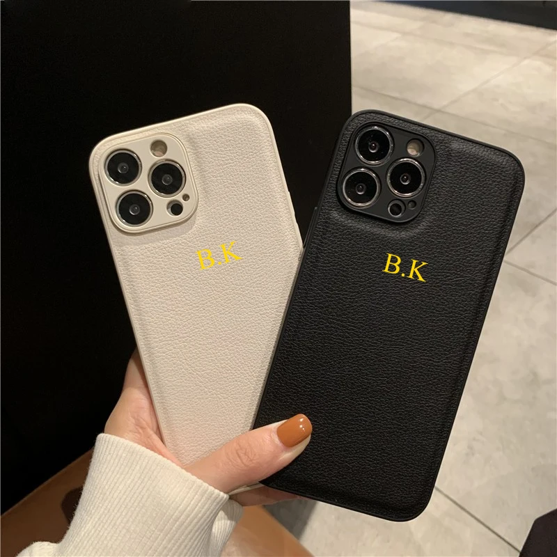 

Luxury Plain Back Cover Personalise Your Name Letter Leather PU Soft Phone Case For iPhone 13 12 11 Pro X XS Max XR 7 8 Plus
