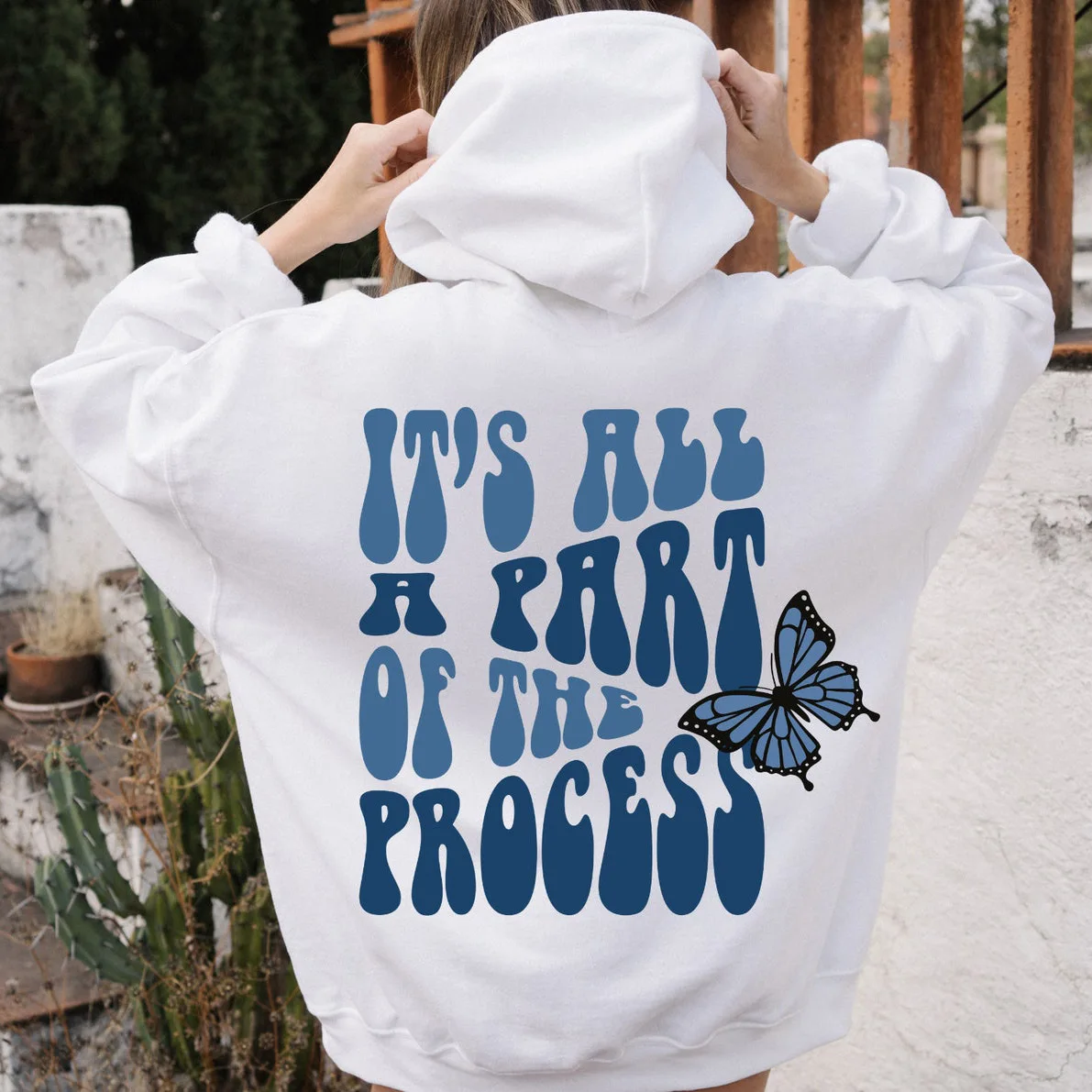 

Butterfly Back Monogram Print Top Pullover Loose Hooded Simple Fashion Men's Thermal Sweatshirt Autumn and Winter