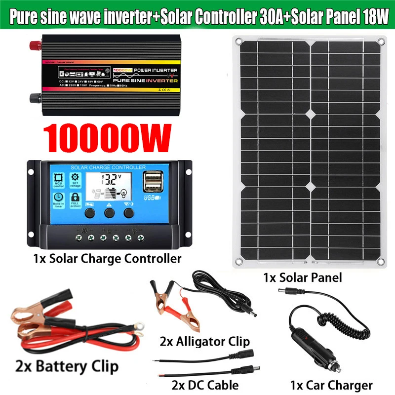 

10000W Solar Panel Kit Pure Sine Wave 12/24/48V To 110/220V Power Inverter Home Solar Power Generation System with 30A Solar