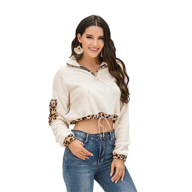 Women's Hoodies & Sweatshirts Women Fashion Casual Belly Button Leopard Print Color Matching Drawstring Plush Stand-up