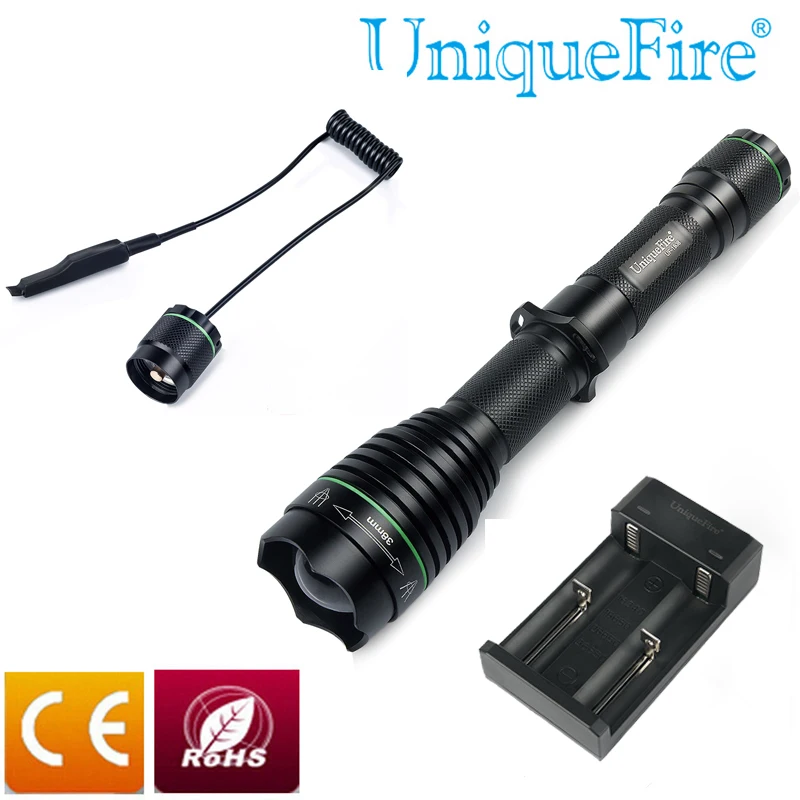 

UniqueFire UF-1508 T38 Lens Led XM-L2 Light Flashlight Tail Cap Switch Black Torch +Remote Pressure+Charger