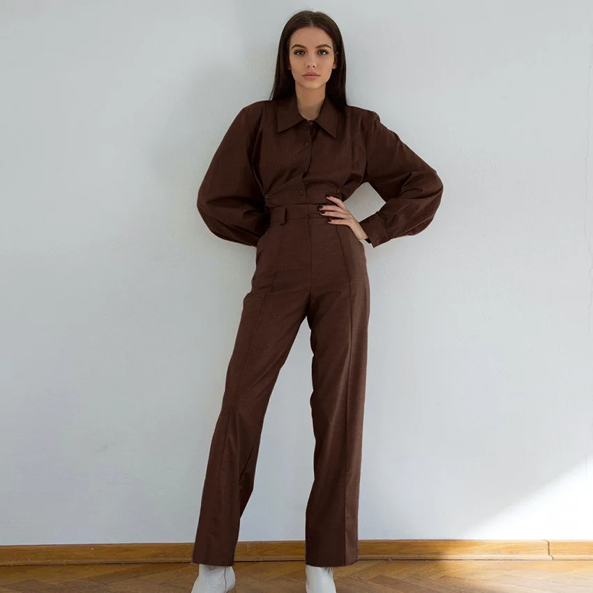 

Women Clothing Set Satin Shirt High Waist Casual Pants Two Piece Set Elegant Office Lady Suit Set
