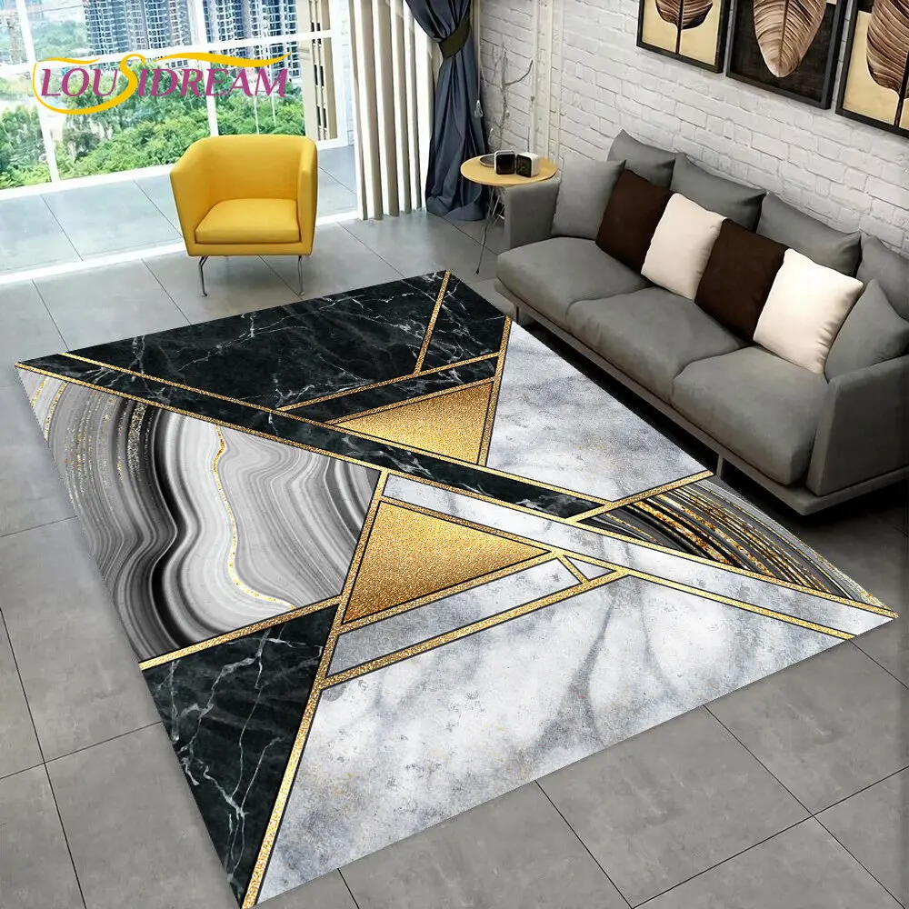 

3D bstract Geometry Marble Colour Gold Area Rug,Carpet Rug for Living Room Bedroom Sofa Doormat Decoration,Non-slip Floor Mat HD