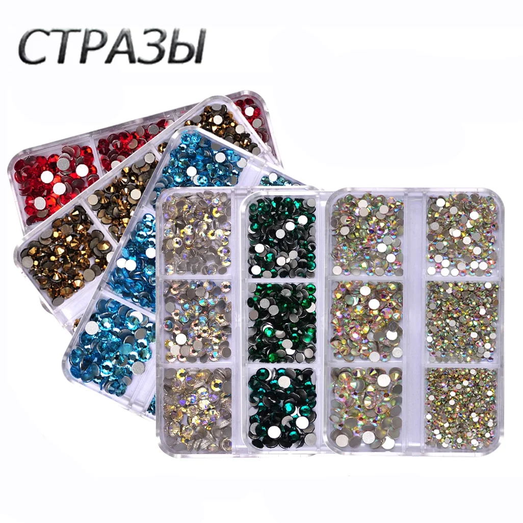 

6Gird Box Multi Size Non Hotfix Round Flatback Glass Rhinestones DIY 3D Nail Art Accessories Crystals Adhesive Garment Stones