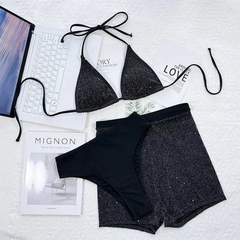 2024 женский комплект из трех предметов бикини сплошной цвет сексуальный