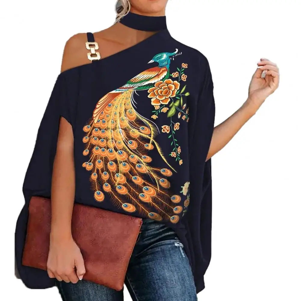 

Women Metal Halter Hollow Out Print Top Patchwork Short Sleeve Loose Summer Blouse Femme Fashion Pullovers 2022 Casual Youth New