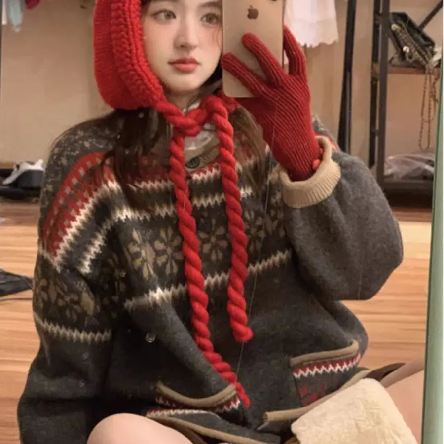 Британский свитер кардиган однобортный жаккардовый свободный ретро-свитер с