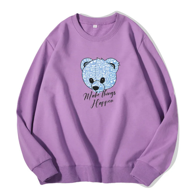 

Women Casual Clothes New Pullover Blue Bear Head Print Sweatshirt Girl 300G Pure Cotton Hoodie Long Sleeve Tops