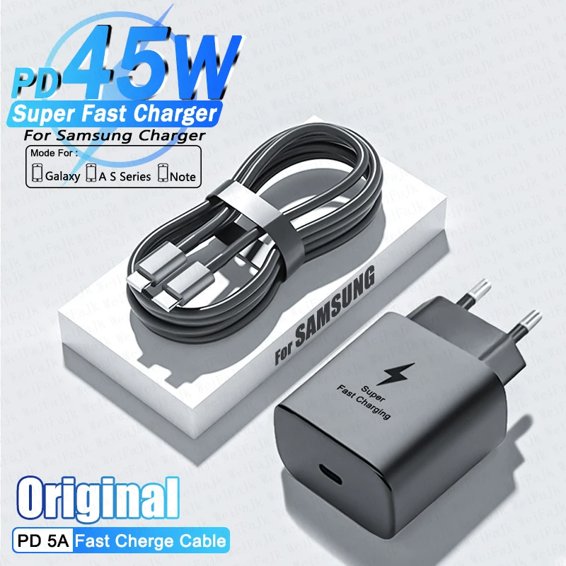 

For Samsung Original PD 45W Charger Galaxy S22 S23 S21 S20 FE Ultra S10 Note 20 10+ 5G Plus A53 USB Type C Fast Charging Cable