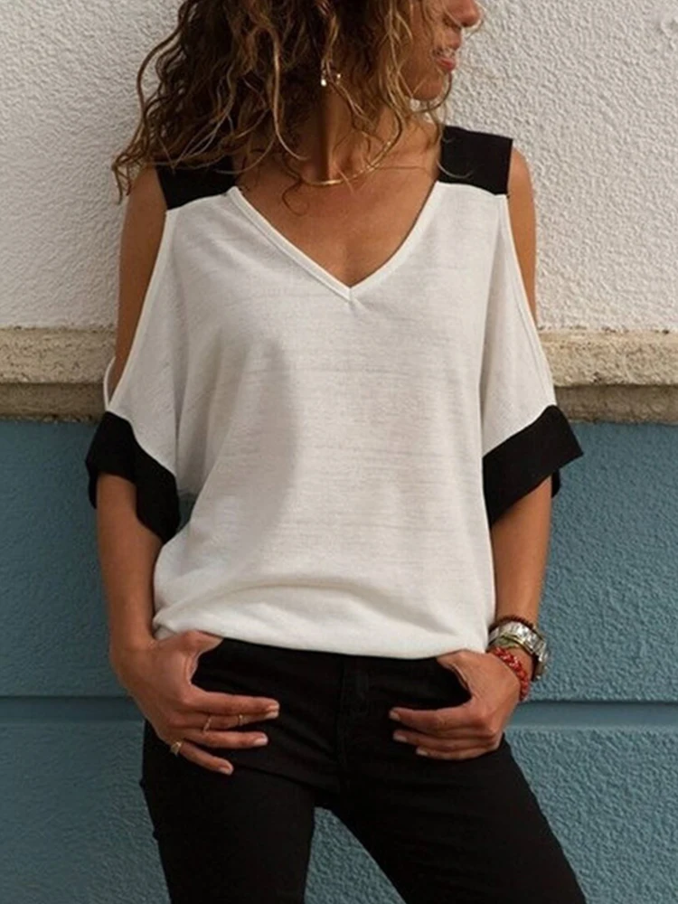 

2022 Sexy Off Shoulder Loose Blouse For Women Summer V Neck Patchwork Shirts Pullover Casual Lady Half Sleeve Office Blouse Tops