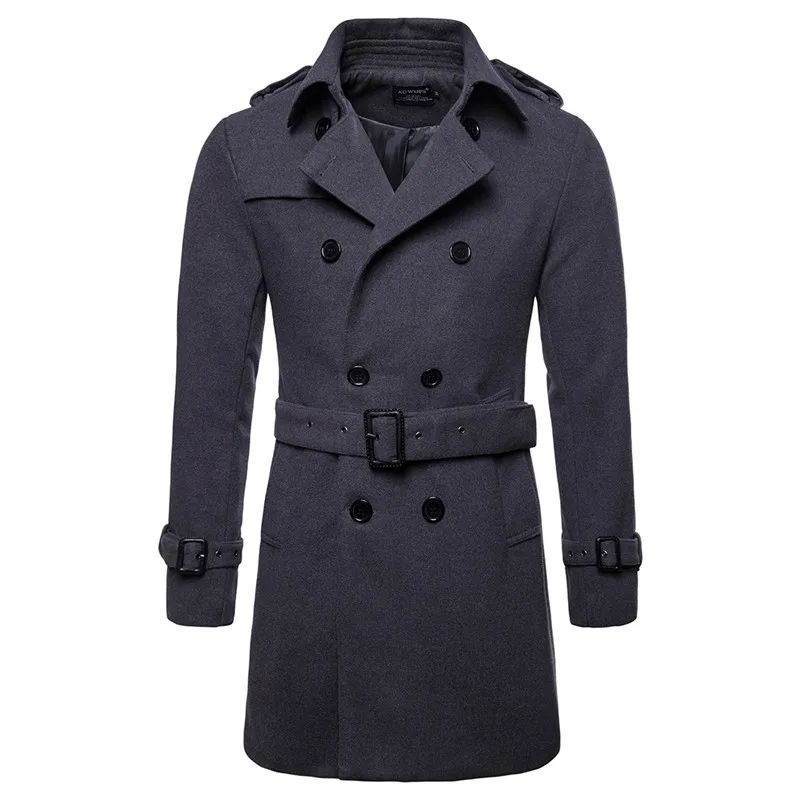 

Autumn new belt style men's jacket European and American mid-length woolen coat casual double-breasted Male lapel windbreaker