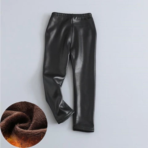 Осенне-зимние кожаные брюки для девочек, плотные бархатные детские леггинсы из искусственной кожи, теплые брюки для младенцев, облегающие брюки