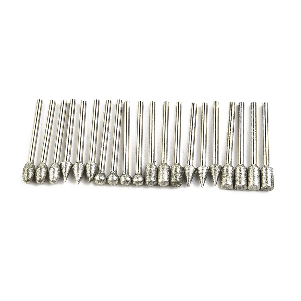 

20pcs Diamond Cutting Grinding Head Mounted Points Bit 45mm Shank Jade Stone Carving Polishing For Glass Engraving Rotary Tool