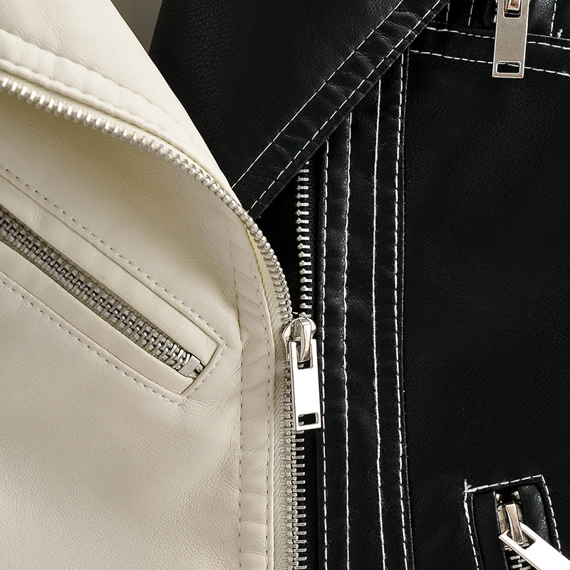 2022 Spring Autumn Women Short Faux Leather Jacket Black White Splicing Moto Bike PU Coat Slim Zipper Design Locomotive Outwear
