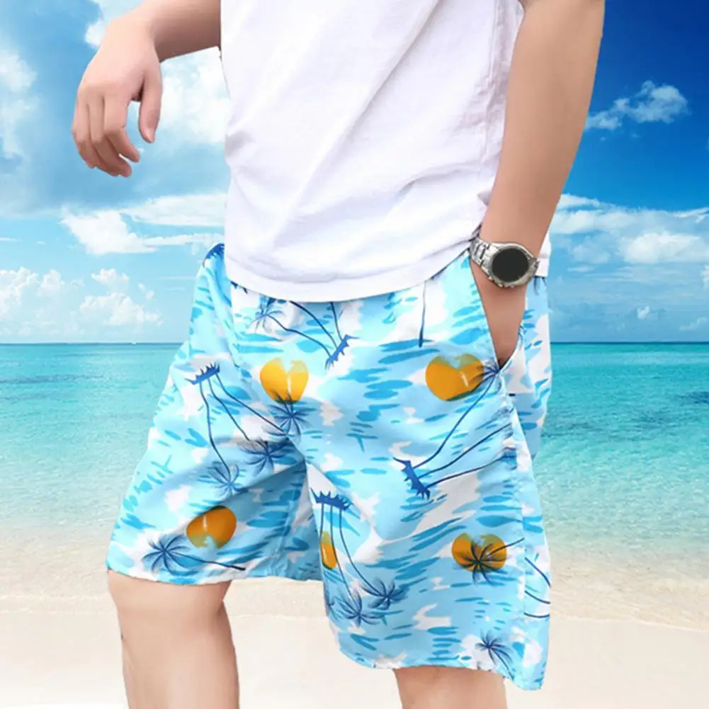 

Terrific Men Swimwear Summer Trunks Elastic Waist Deep Crotch Colorful Quick-dry Floral Print Loose Beach Shorts for Swimming