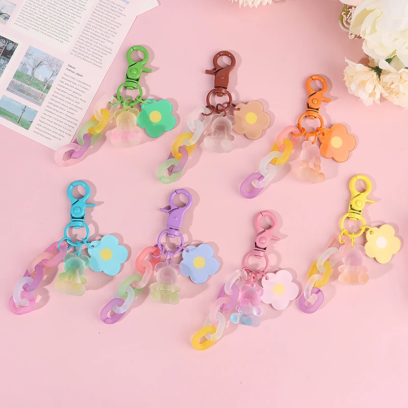 

1pcs 10cm Sweet Candy Color Bear Flowers Pendant Keychain Frosted Bears Keyring For Girl Cute Bag Pendant Headphone Case Keyring