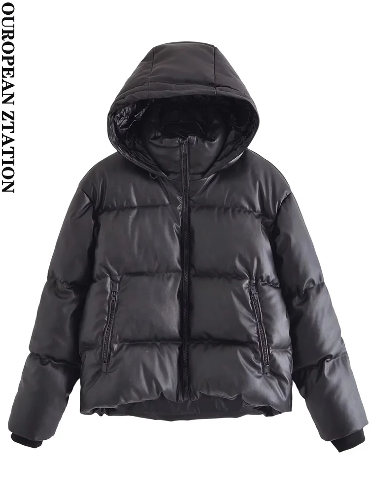 

PAILETE Women 2022 fashion with drawstring faux leather padded jacket coat vintage long sleeve parka female outerwear chic tops