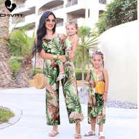new 2022 mother daughter summer jumpsuits sleeveless green floral beach rompers mom mommy and me dress family matching outfits