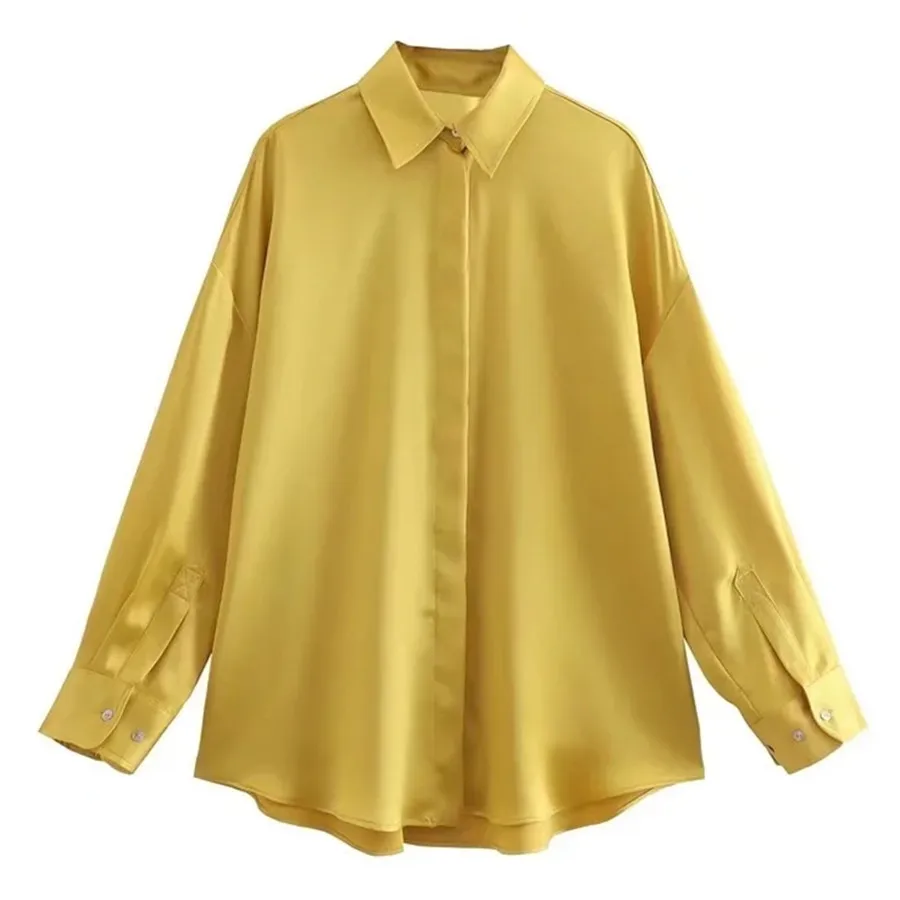 

Withered 2022 England Style Fashion Simple Gold Color Office Lady Loose Silk Satin Casual Shirt Elegant Blouse Women Wholesales