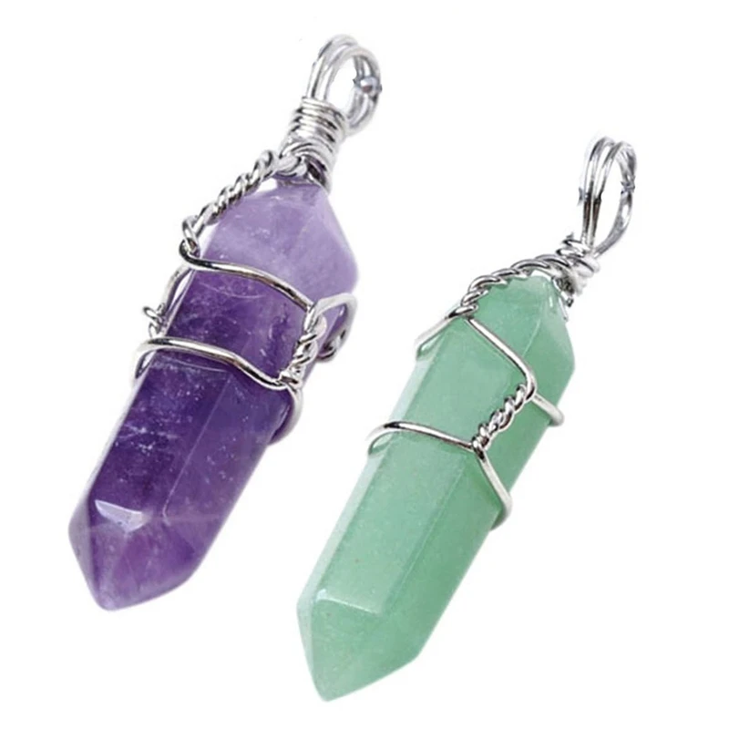 

2 Pcs Chic Crystal Bead Stone Pendant For Necklace, Green Aventurine & Amethyst
