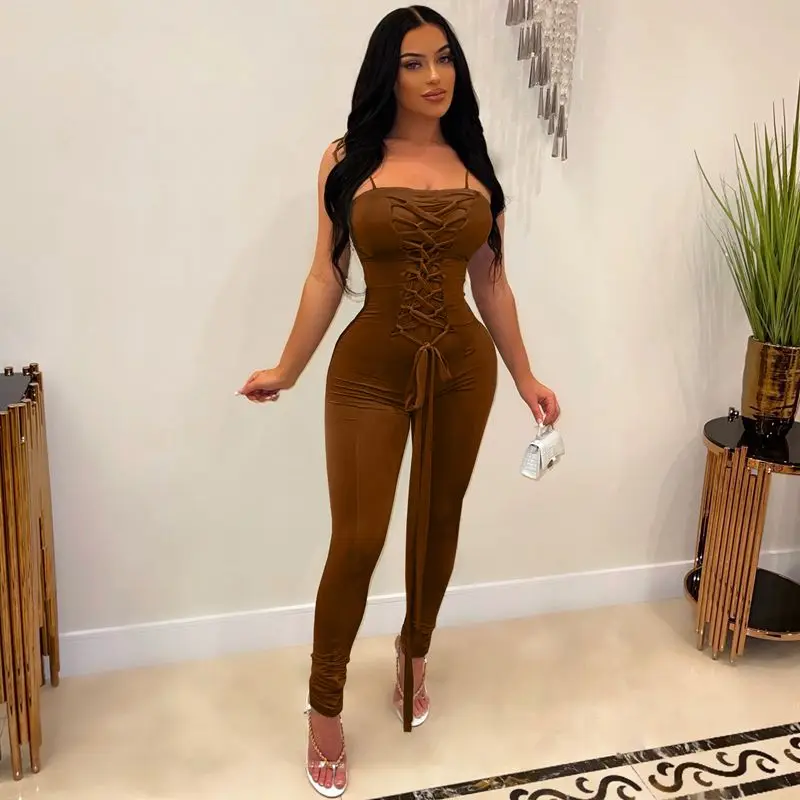 

Spring Summer Jumpsuit Women Sling Folds Bandage Sleeveless Sexy Bodycon Romper One Piece Pants Lounge Streetwear Wholesale