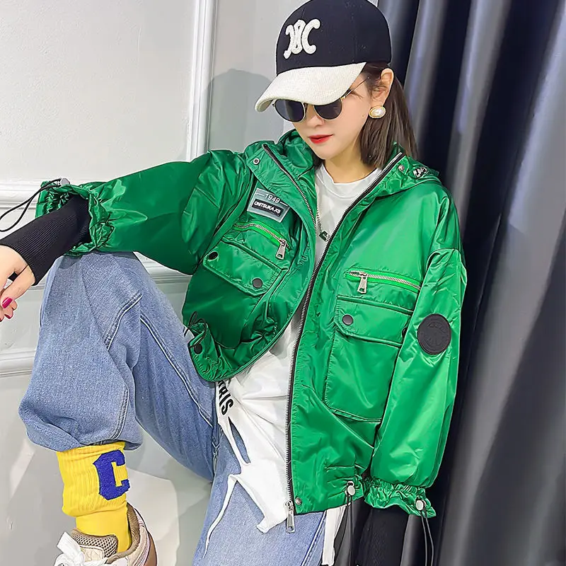 

Spring and Autumn 2022 New All-match Hooded Casual Jacket Short Fashion Clothes Shiny Baseball Clothes Trendy Women
