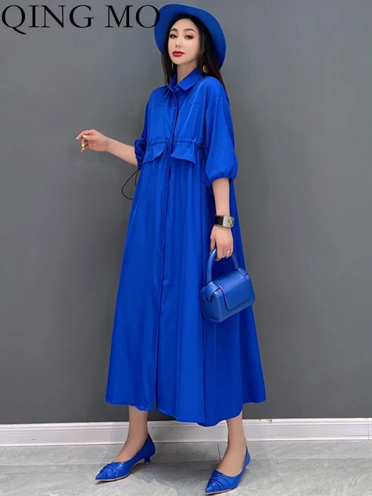 

Женское платье средней длины QING MO, однотонное Повседневное платье с коротким рукавом и воротником-поло, весна-лето 2023