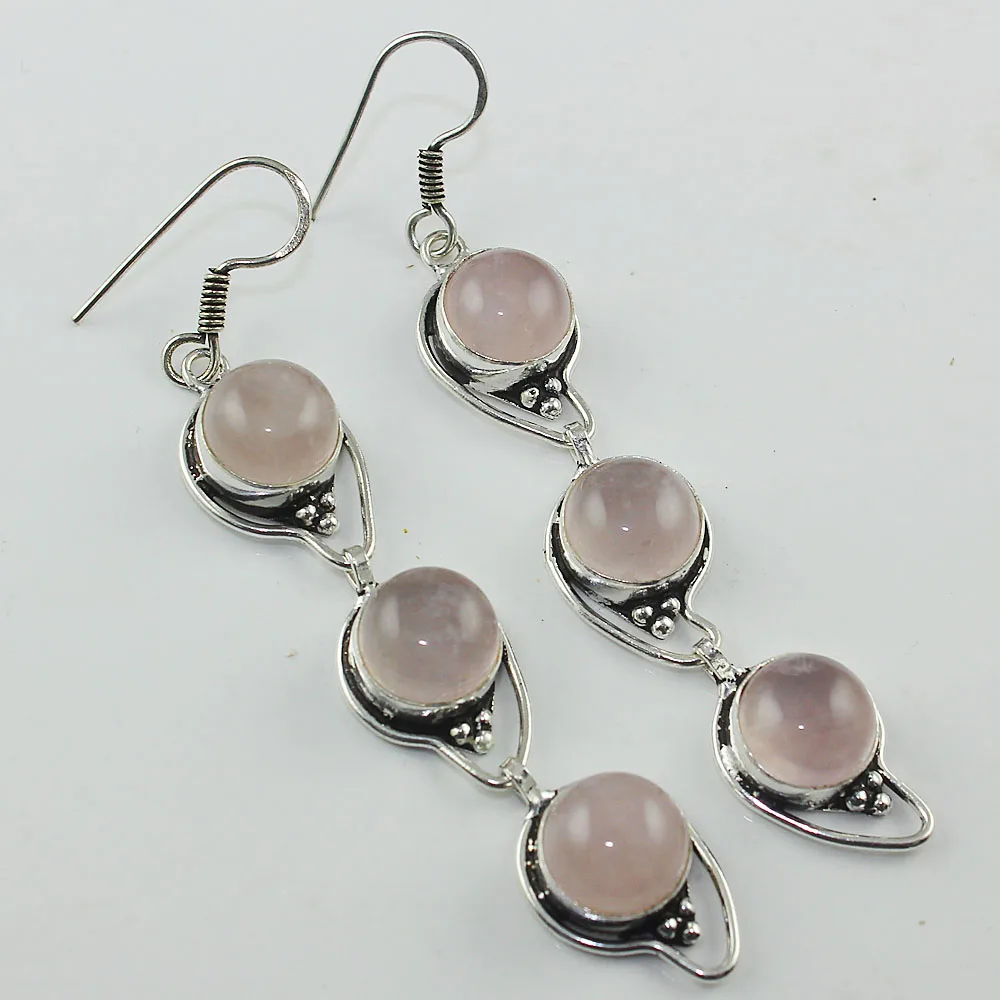 Розовый кварц Серьги серебристые сверху меди, 85 мм, E1131