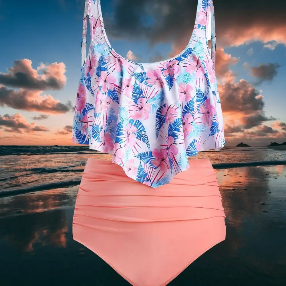 Sea Pink Floral Oversize Tankini High Waist Tummy Control Swimwear 2 Pieces Sweet Beach Bathing Suit Set
