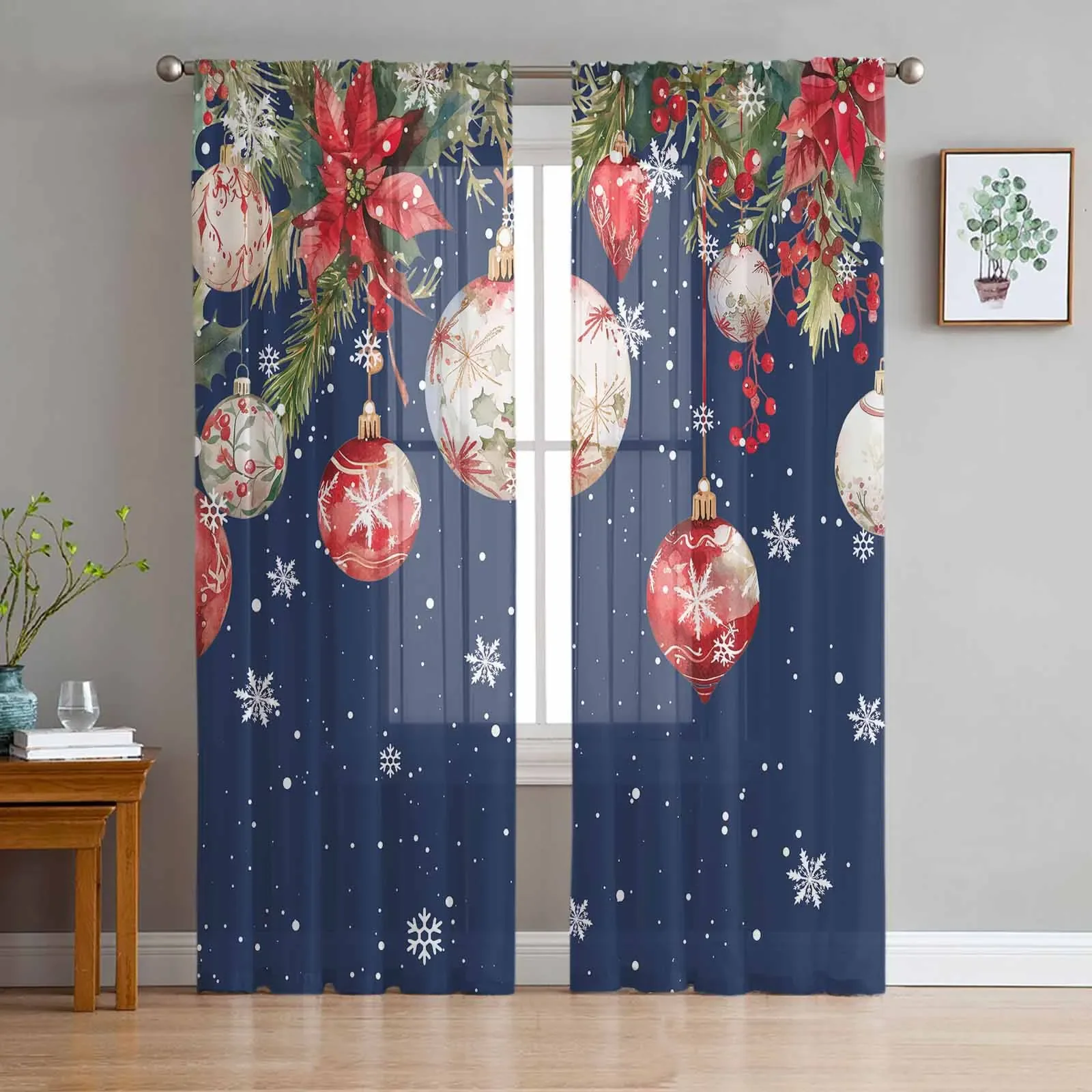 Рождественские зимние прозрачные шторы с пуансеттиями для украшения гостиной
