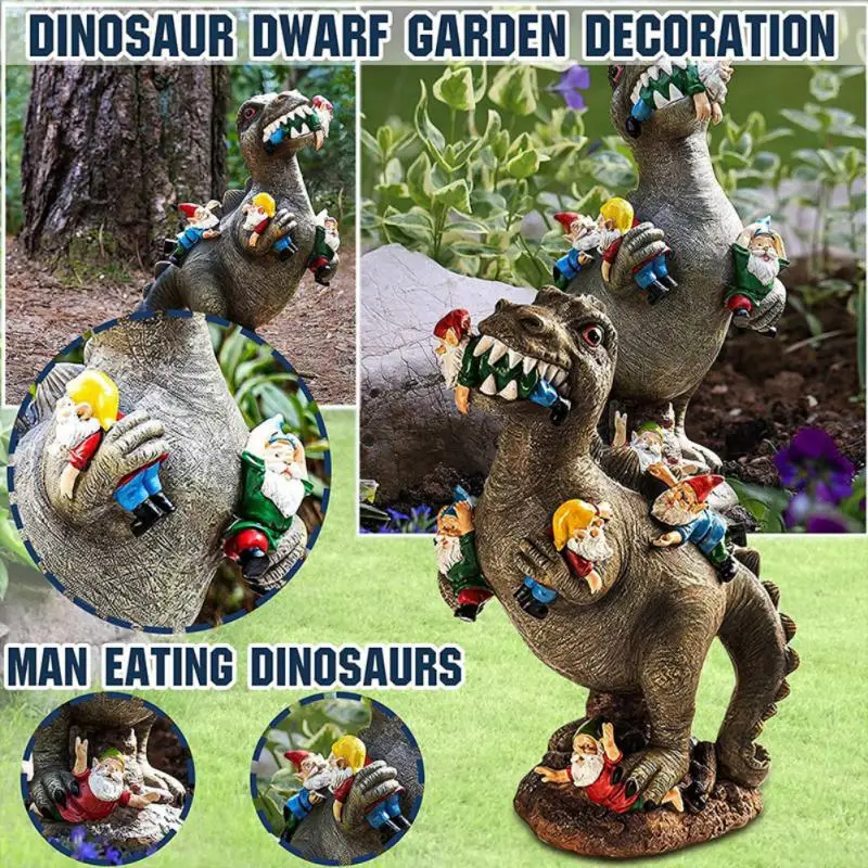 Garden Dwarf Dinosaur Statue Dinosaur Eating Mini Elf Man Resin Sculpture Ornament Hand Craft Flower Pot Accessories Home Decor