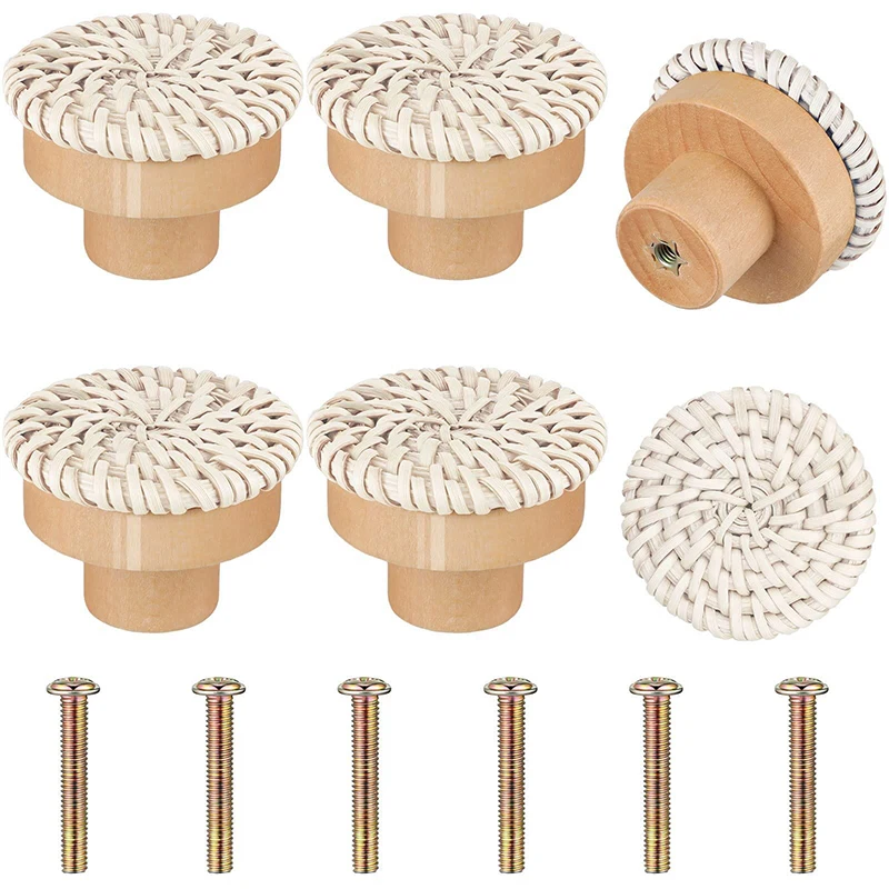 

6pcs Wooden Handles Beech Rattan Drawer Knobs Wardrobe Furniture Handle Kitchen Cupboard Door Handle Dresser Pulls Home Hardware