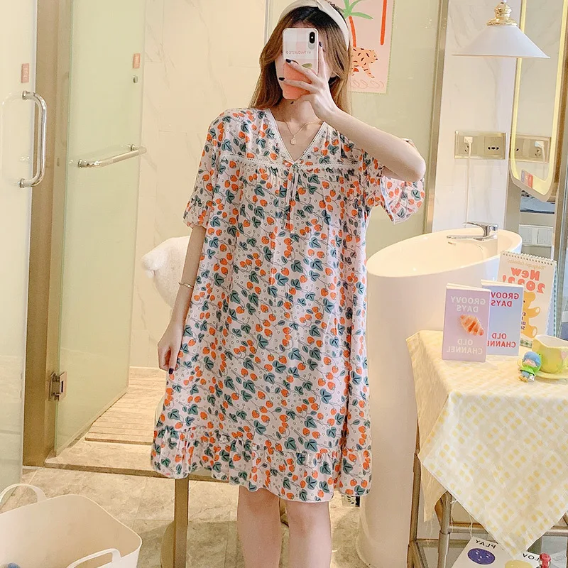 Sweet Nightgowns for Women Cute Sleepshirts V Neck Lace Trim Short Sleeve Sleepwear Soft Comfy Sleep Nightshirt Pajama Dresses