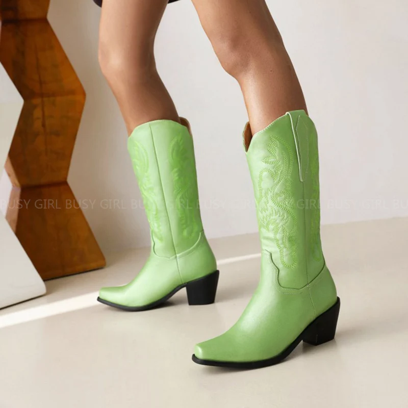 Women's boots embroidered denim Western boots women's middle boots