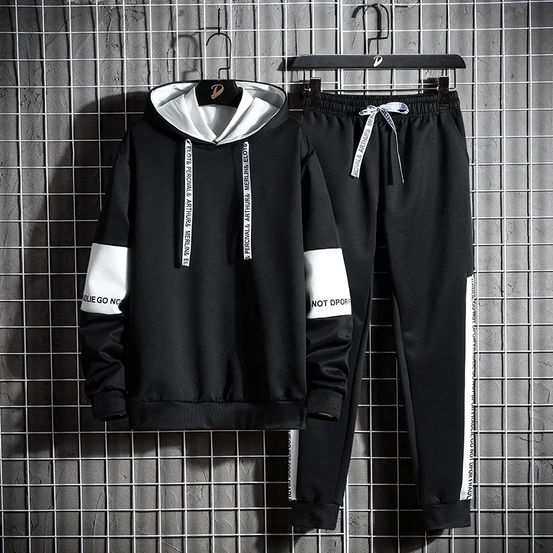 Men's Outfit 2 Piece Set Long Sleeve Hoodies and Pants Striped Patchwork Tops Letter Drawstring Youth Hip Hop Simple
