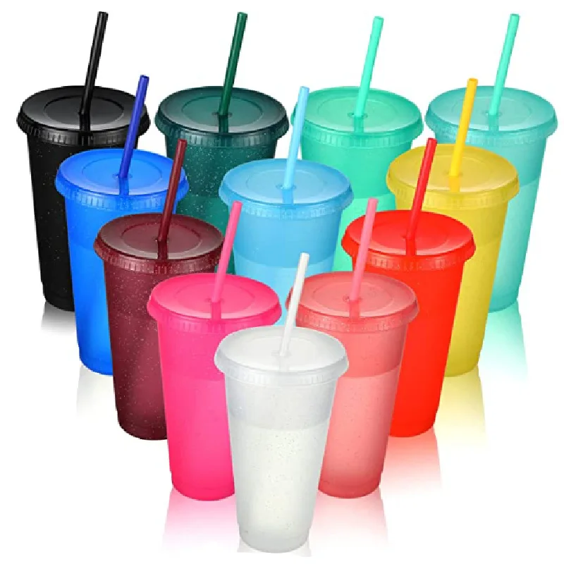 Plastic Straw Cup for Water Bottle, Color Changing Cup, Creative Glitter, Summer, Large Capacity, Drinkware