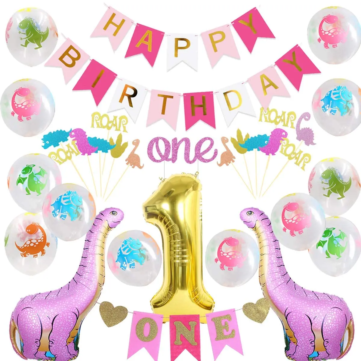Pink Dinosaur Balloons Set for Girl 1st First Birthday Party Decorations  Cake Topper Number 1 Foil Balloon One Letter Banner