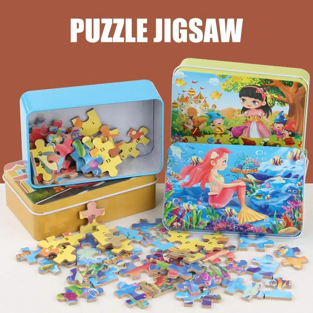 

60 Pieces Iron Box Wooden Puzzle Kids Toy Cartoon Animal Wood Jigsaw Puzzles Brain Toy Children Early Educational Learning Toys