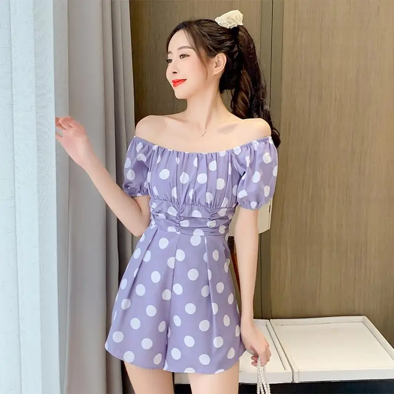 

Women 2022 Summer New Fashion Polka Dots Print Wide Leg Pants Jumpsuit Female Slash Neck Playsuit Lady Elegant Rompers Q40