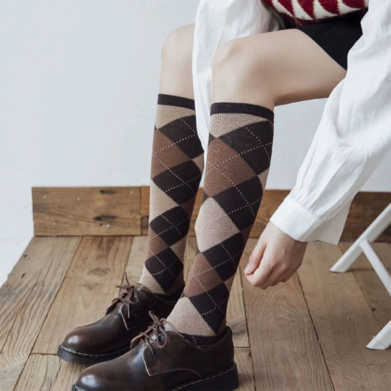 Preppy Style Women Knee High Socks College Vintage Multicolor Argyle Diamond Plaid Print Uniform Cotton Calf Stockings